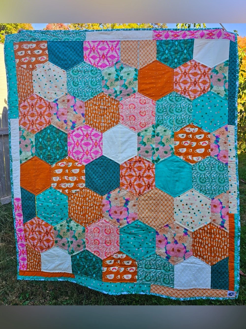 Hexagon Patchwork Throw Quilt: Floral Teacup Design, Ruby Star Society Camilla